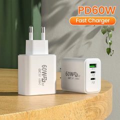 PD60W 3-Port USB PD Charger Fast Charging Wall Charger Adapter for Smart Phone