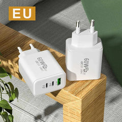 PD60W 3-Port USB PD Charger Fast Charging Wall Charger Adapter for Smart Phone