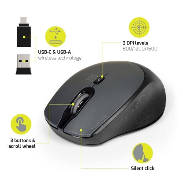 Port Connect Professional Wireless Silent 1600DPI 3 Button USB and Type-C Dongle Mouse – Black