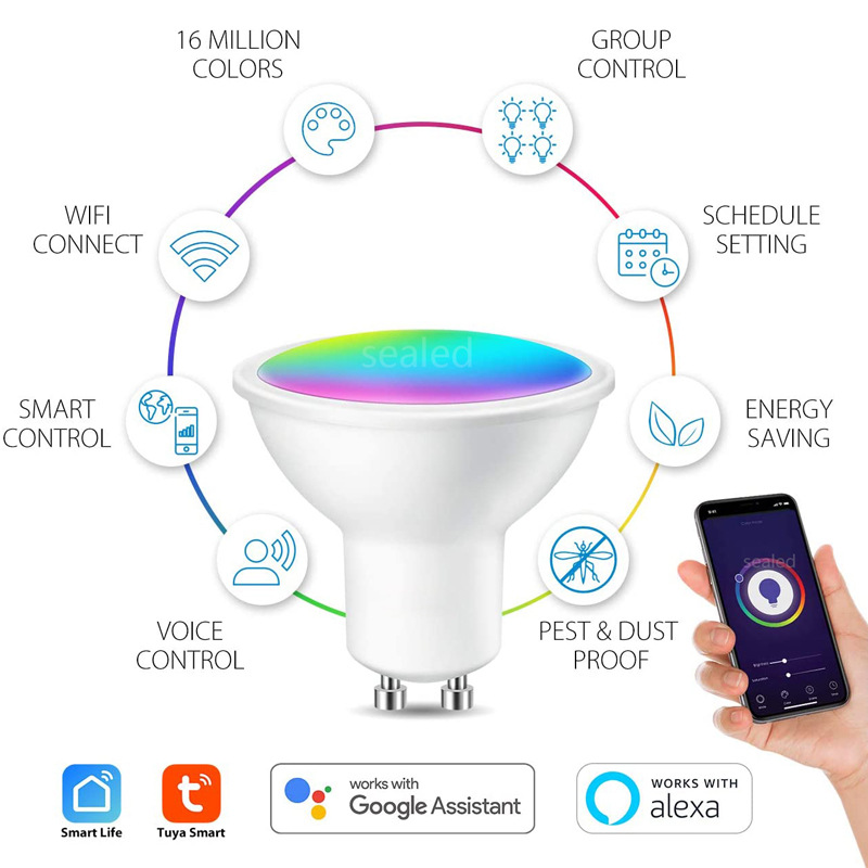 WIFI 5W GU10 RGB CCT LED Downlight Light Bulb 2700K to 6500K RGB