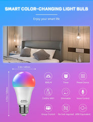 Smart Light Bulb WiFi LED Light Bulb Work with Alexa Google Home Color Changing Light E27 10W Dimmable Warm and Multicolor Smart Home Lighting No Hub Required