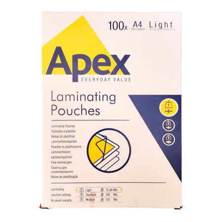 A4 Apex Laminating Light Gloss Pouches - 100 Pouches