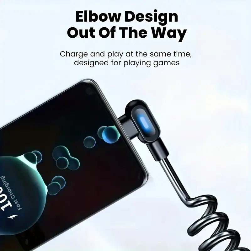 Coiled Type - C Car Charger Cable, 90° Elbow Design, Fast Charging for Smartphones & Tablets