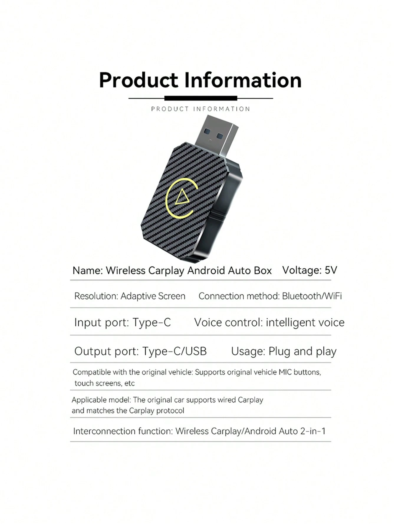 Wireless CarPlay Adapter For Android Auto - 5GHz WiFi Type-C/USB