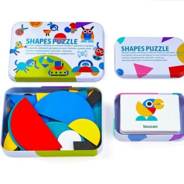 36 Shape Pieces & 60 Design Cards-Wooden Pattern Blocks Jigsaw Puzzle