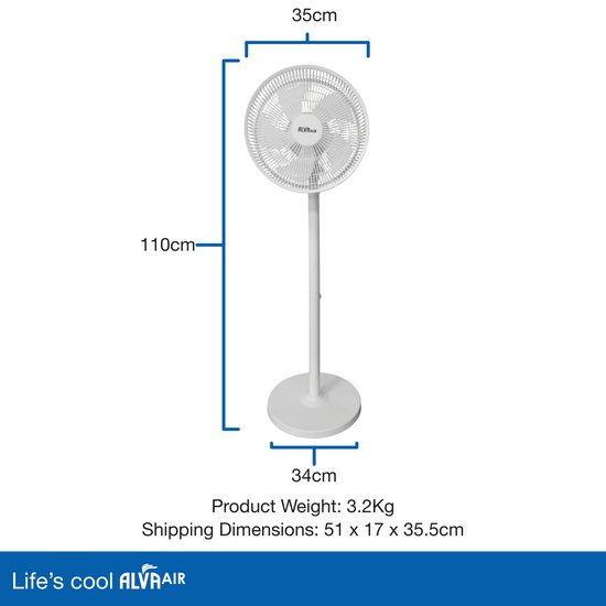 Alva Air 30cm Rechargeable 110cm tall Pedestal Fan (Battery Backup)