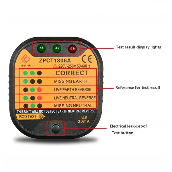 RCD Outlet Tester-Polarity Check Meter - 220-250V 30MA